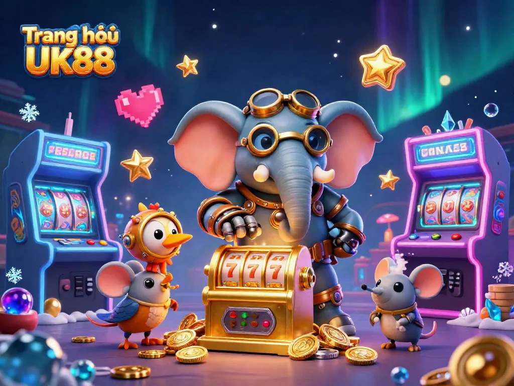 Engage with exciting slots on Trang chủ UK88 featuring a steampunk elephant and vibrant game elements.