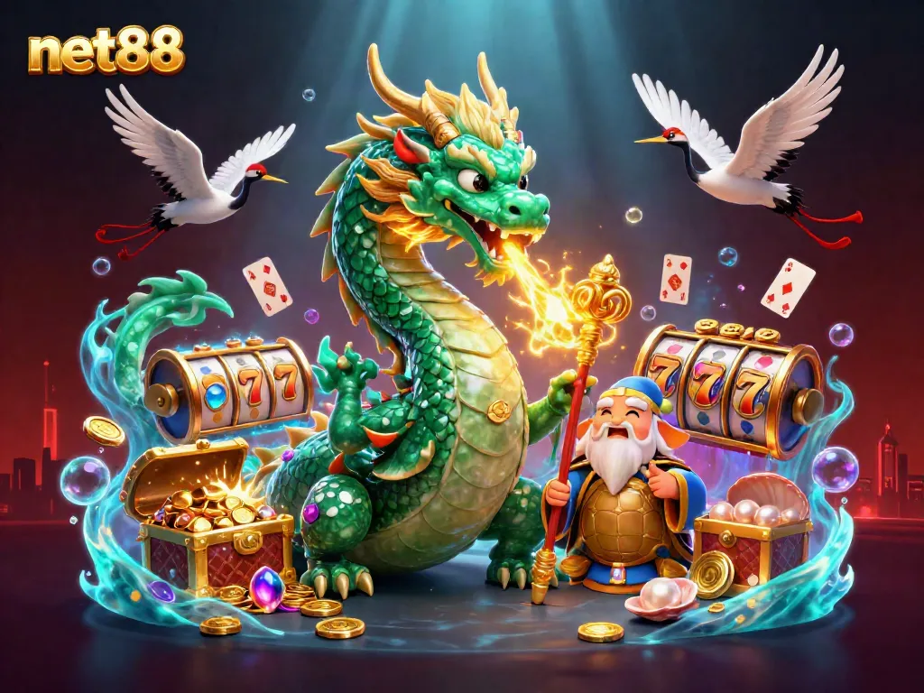 Experience thrilling gaming action with net88 as a dragon, turtle sage, and cranes surround a rich casino scene full of treasures.