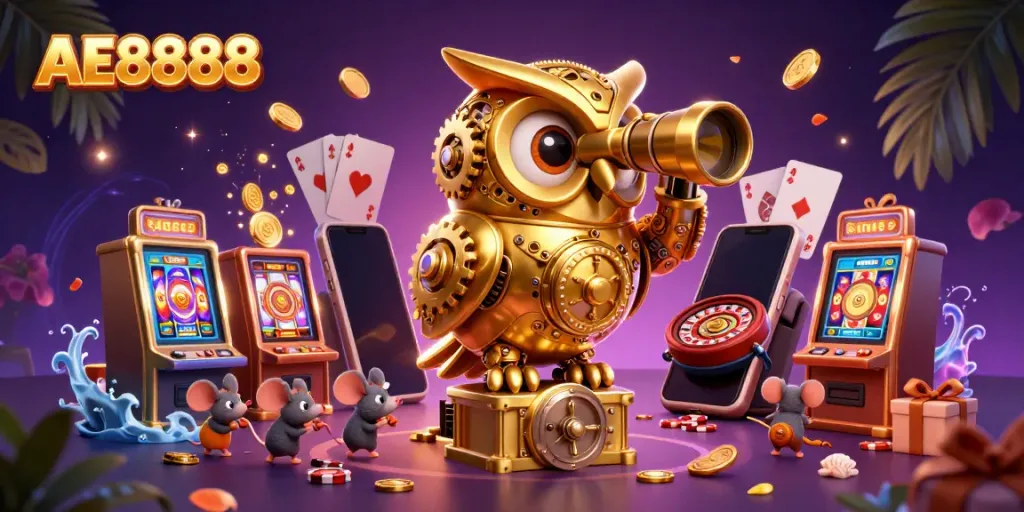 AE8888 showcases excitement with a whimsical casino scene featuring a golden owl and animated mouse patrons.
