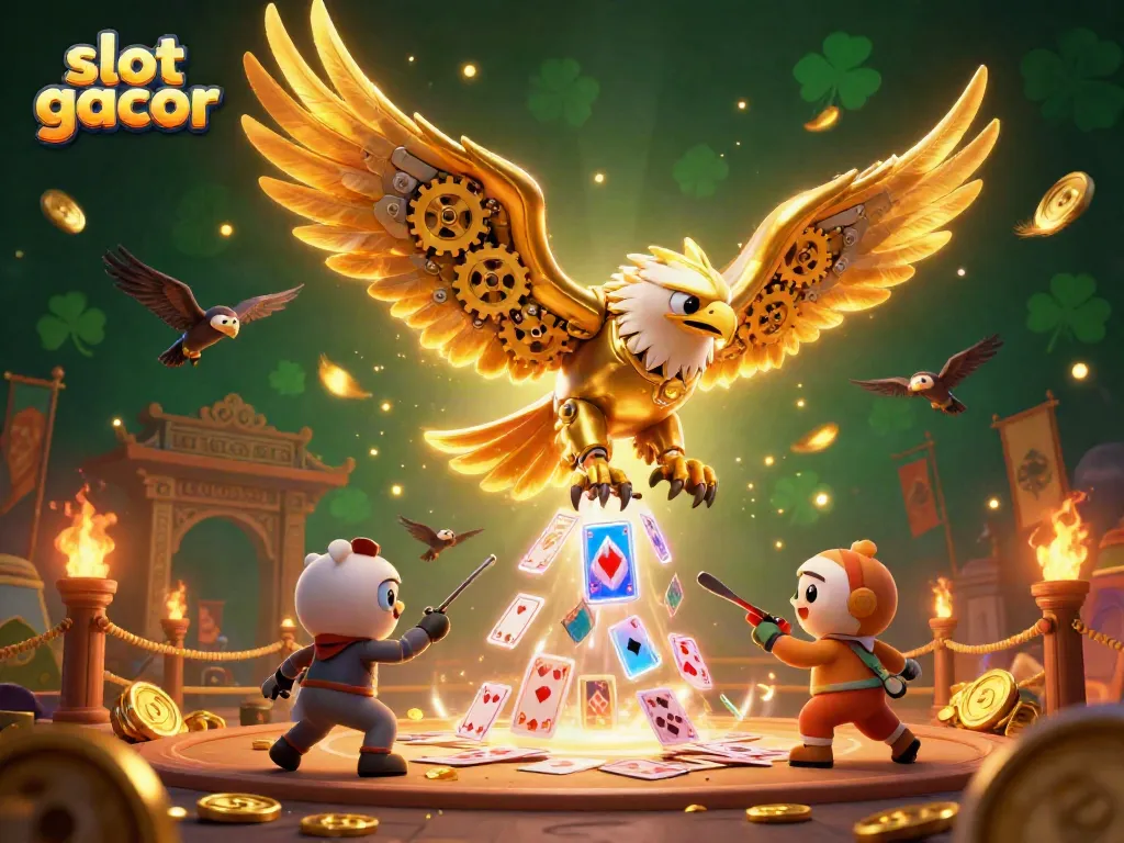 Experience slot gacor action with a cybernetic eagle diving through vibrant holographic playing cards.