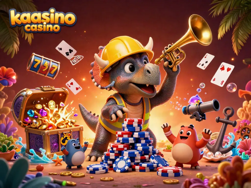 Kaasino casino vibrant 3D illustration with a triceratops building poker chips and celebrating dinosaurs