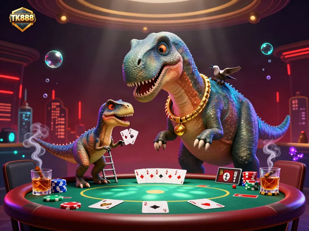 Participate in dynamic poker action at TK888 with 3D cartoon characters in a vibrant casino setting.