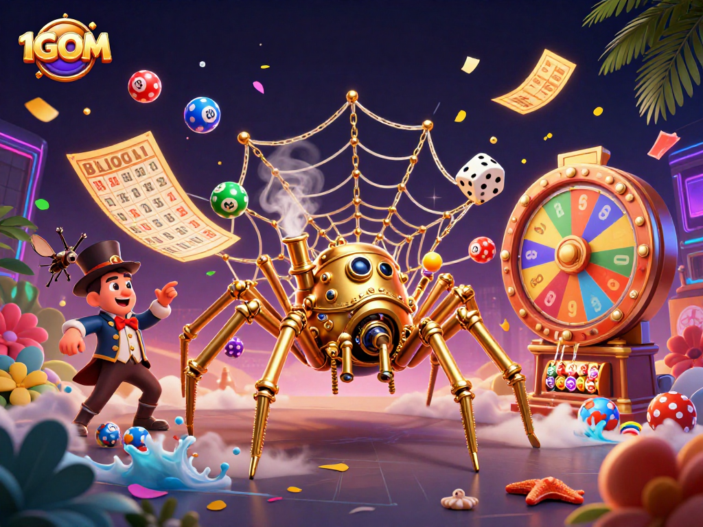 Experience thrilling action with 1GOM's vibrant and dynamic gambling-themed illustration.