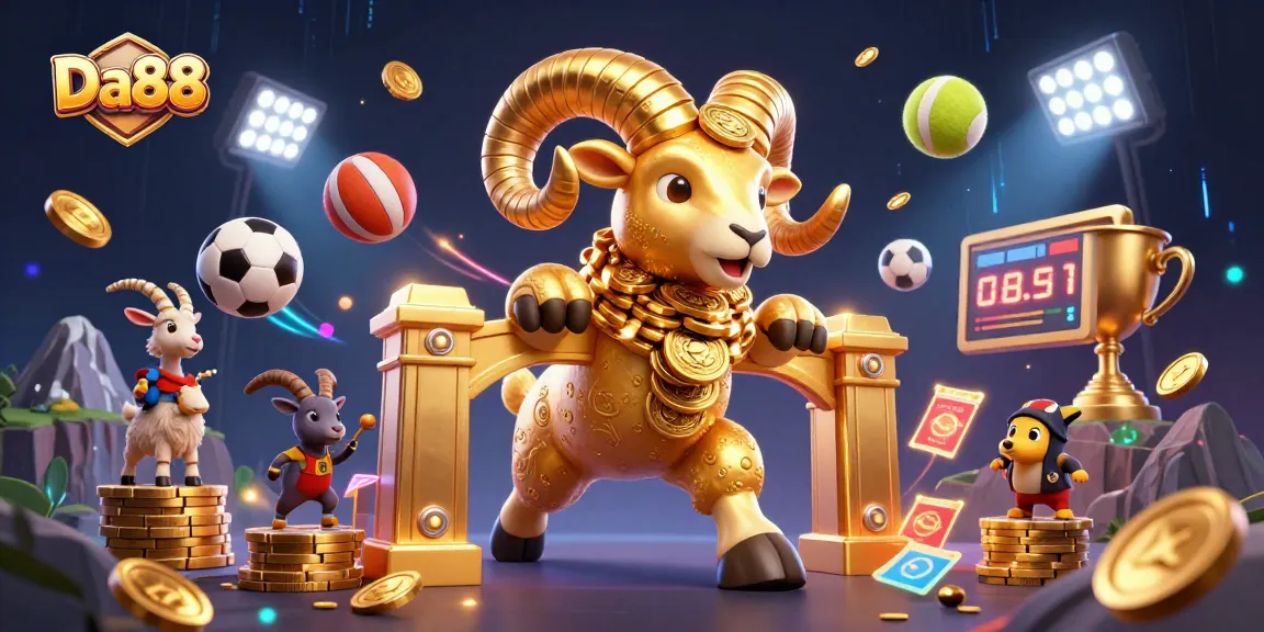 Experience thrilling gameplay with Da88's dynamic illustrated casino scene featuring golden elements and sports balls.