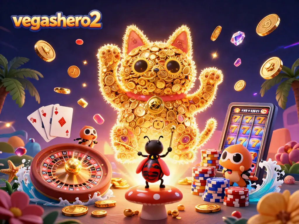 Engage with vegashero 2's lucky cat and casino symbols in a vibrant 3D illustration.