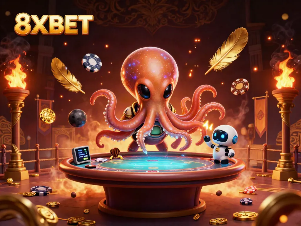 Engage with 8XBET's vibrant alien-themed poker showdown featuring glowing elements and dynamic action.