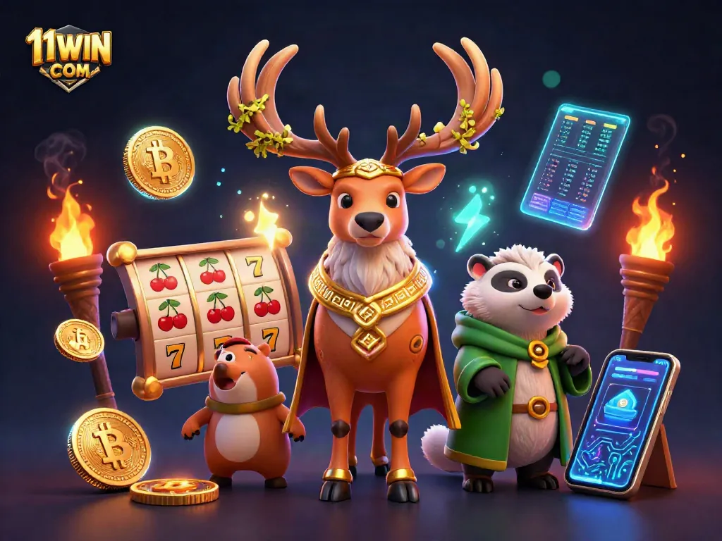 Experience thrilling 11WIN COM gameplay with animated characters, vibrant slot symbols, and crypto elements.