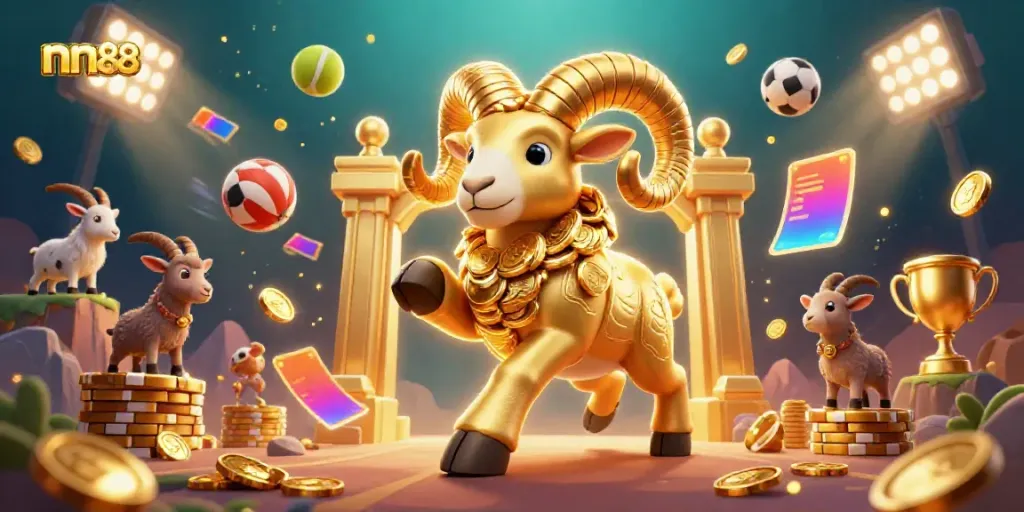 Join the fun with nn88's thrilling golden ram charging through a vibrant casino scene.