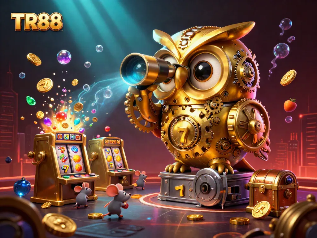 Experience the TR88 casino excitement with an alluring 3D owl illustration, packed with vibrant slot elements.