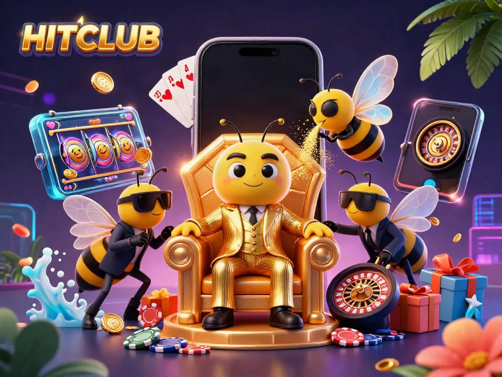 Engage in HITCLUB’s thrilling gameplay where a bumblebee mob boss oversees the action in a vibrant casino scene.