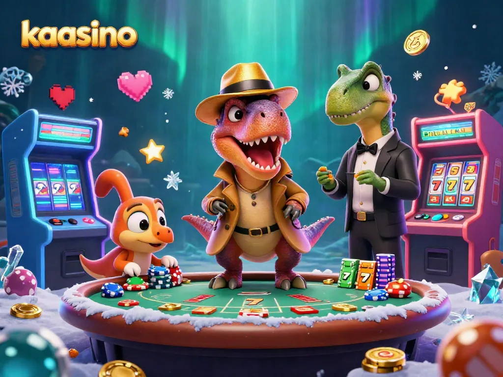Kaasino online casino scene with a velociraptor card counter at blackjack amid colorful arcade elements.