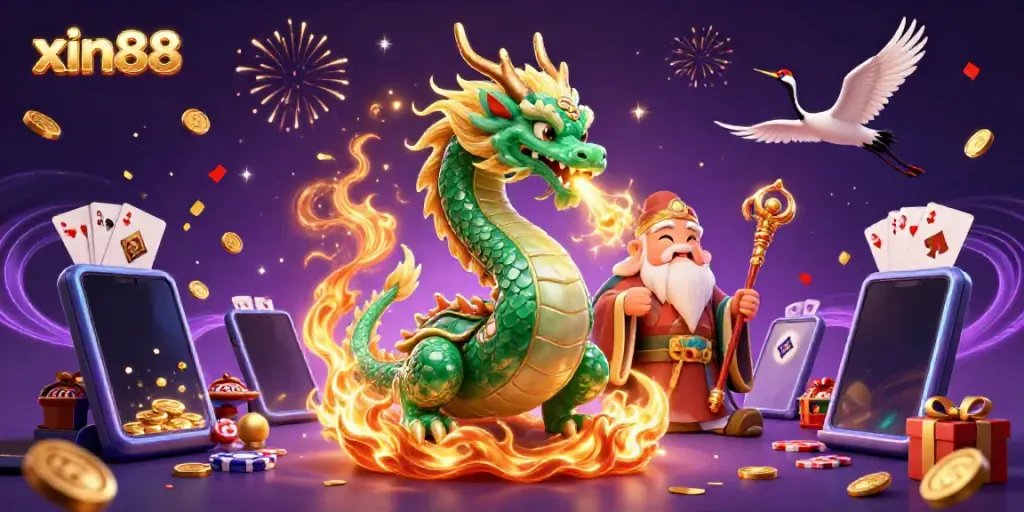 Experience the adventure with xin88 through a vibrant casino-themed illustration featuring mythical characters and exciting gaming elements.