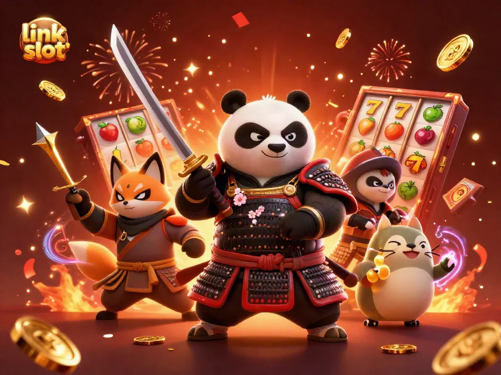 Engaging scene depicting link slot excitement with dynamic characters and golden coins in a vibrant casino atmosphere.