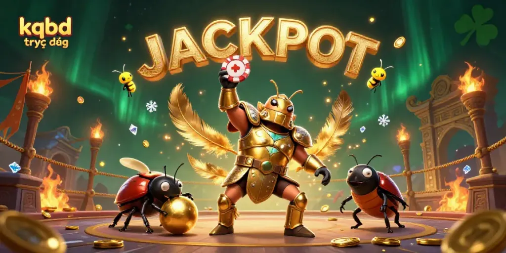 Experience kqbd trực tiếp with a triumphant beetle in armor celebrating a jackpot.