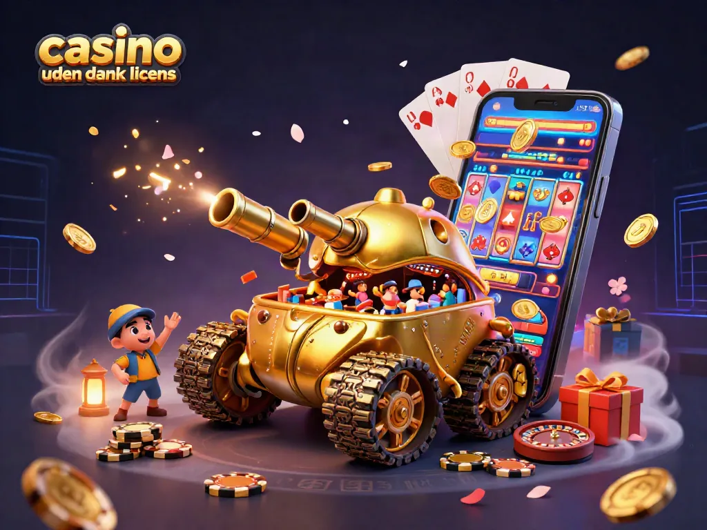Experience the thrill of casino uden dansk licens with a vibrant 3D cartoon casino scene featuring golden beetle tank and dynamic gaming elements.