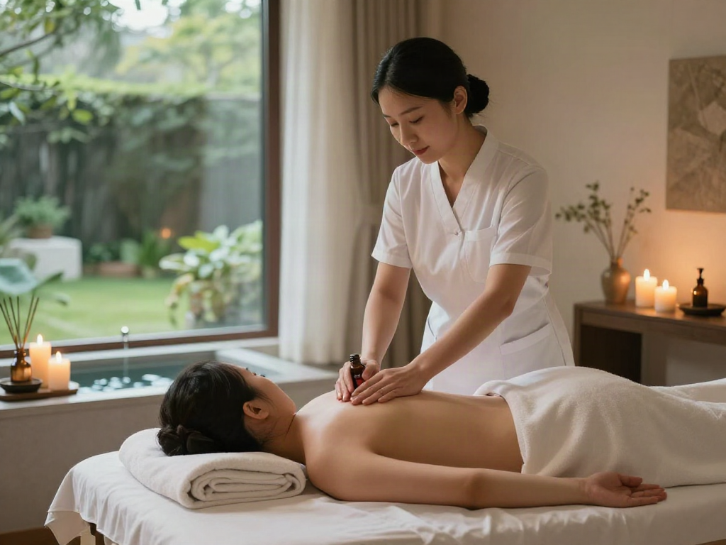 Relaxing 부평출장마사지 therapy scene with professional masseuse and calming ambiance.