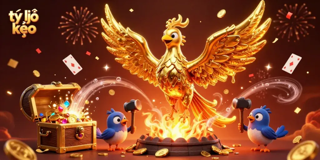 Bet on tỷ lệ kèo with a stunning phoenix and treasure illustration depicting riches and excitement.