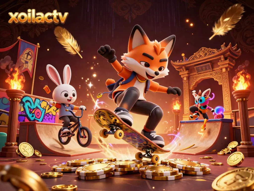 Experience the thrill of xoilactv as a fox skater performs tricks on golden poker chips with a BMX rabbit in a vibrant casino scene.
