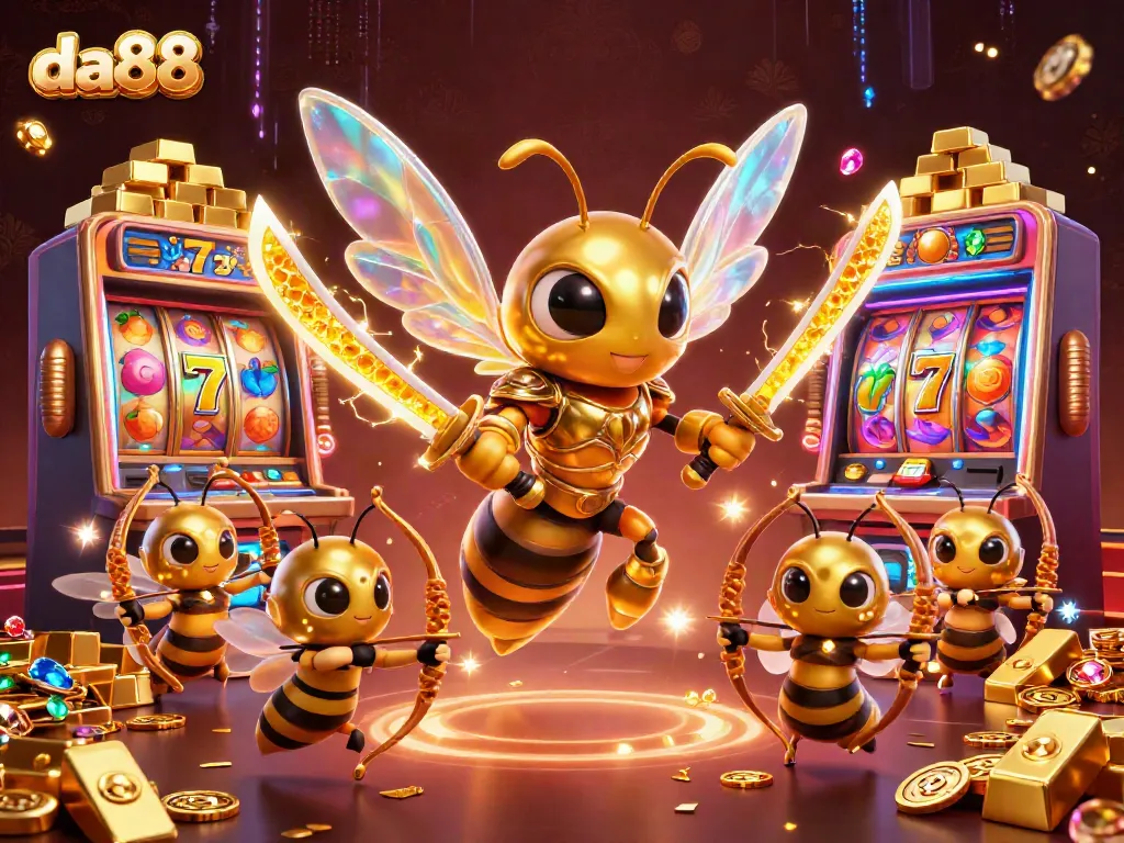 Spin the reels at da88 with vibrant golden characters amid swirling jackpots and dazzling gems.