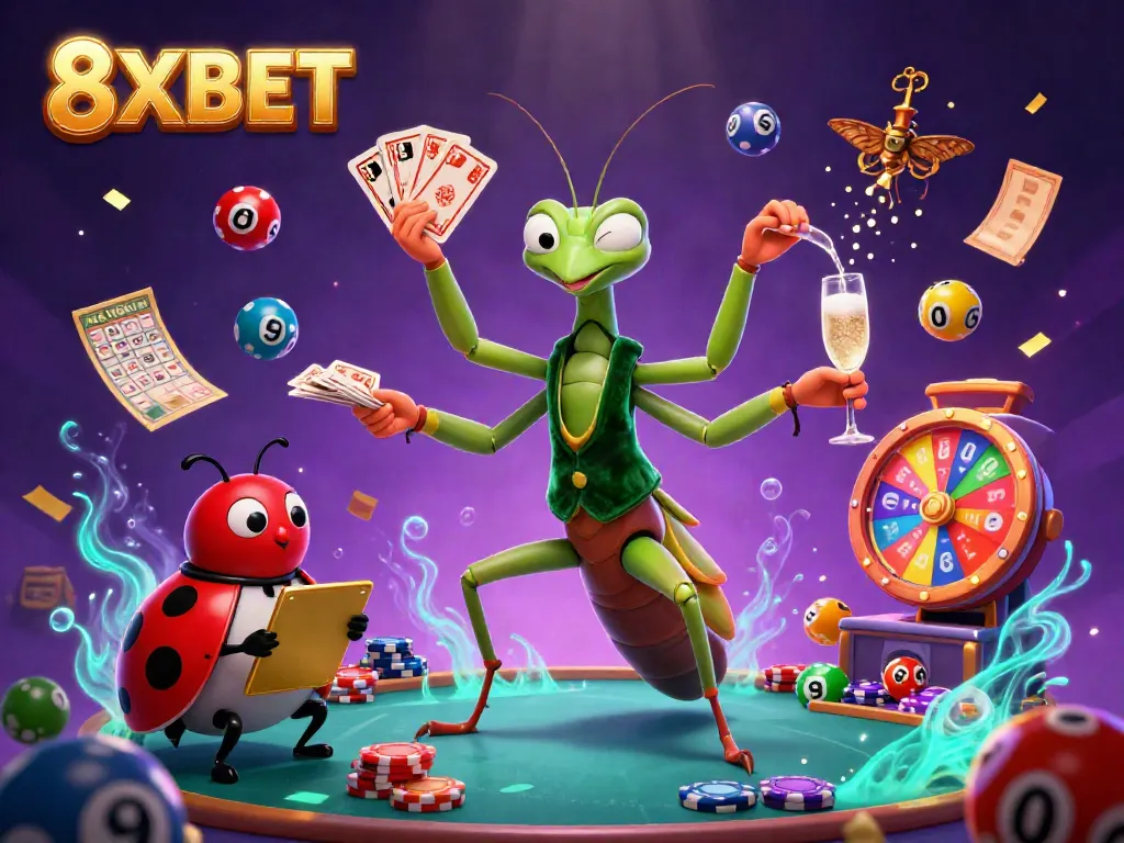 Experience exciting gameplay at 8XBET with vibrant casino elements and lively characters in a rich illustration.