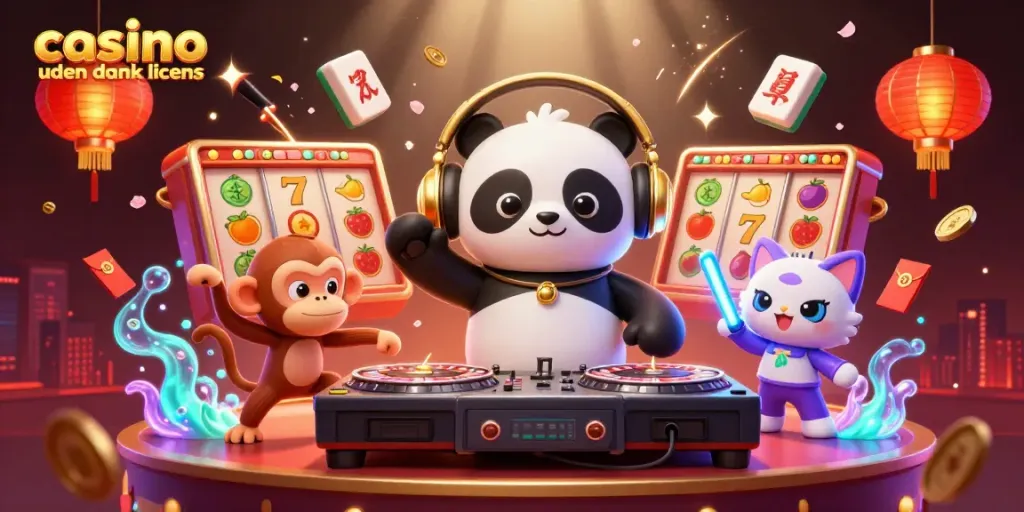 Experience the vibrant world of casino uden dansk licens through a lively 3D illustration featuring a DJ panda and a breakdancing monkey.