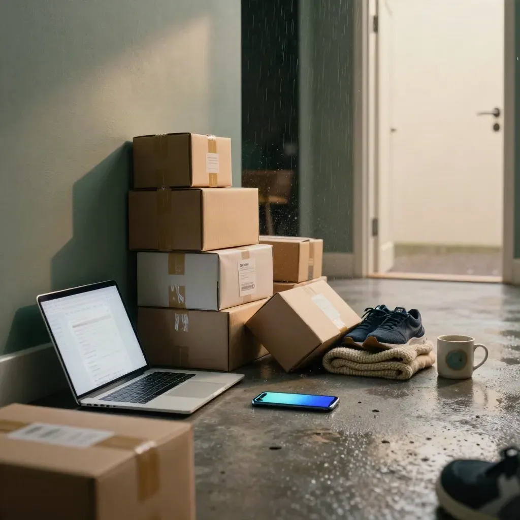 Laptop, telefoon en webshopdozen op een natte halvloer met sfeervol blauwgroen licht.