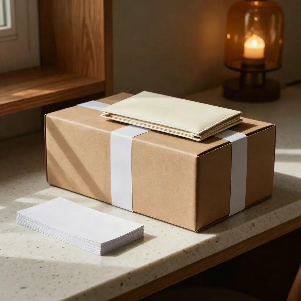 Kraft dozen en een verzegelde voucherportefeuille op travertijn in warm avondlicht