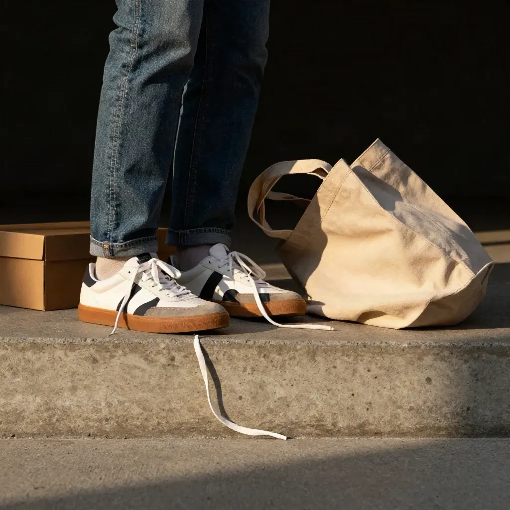 Sneakers, doosdeksel, opgerolde denim en totebag op een betonnen tree in beweging.
