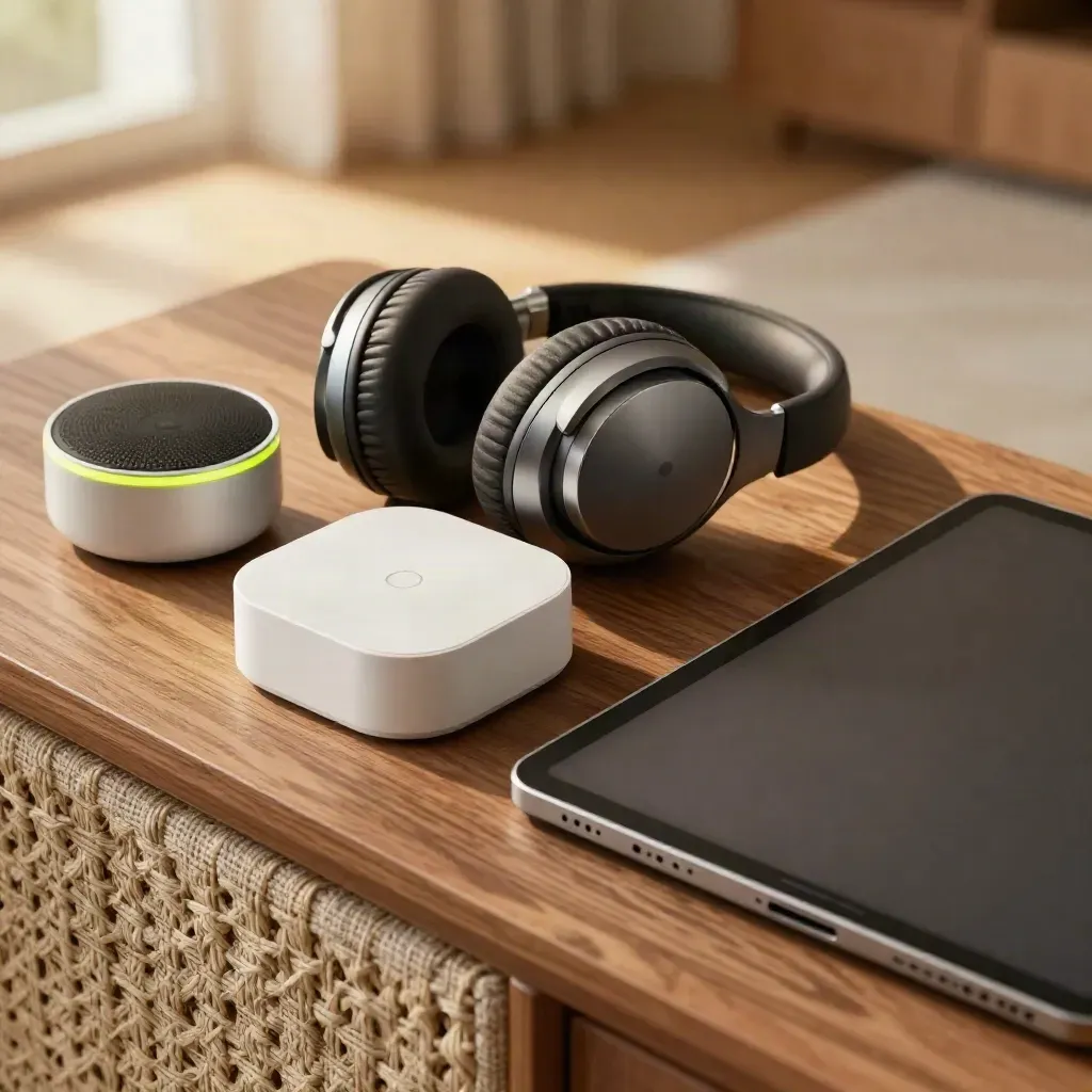 Headphones, speaker, smart-home box en tablet in warme lifestyle setting