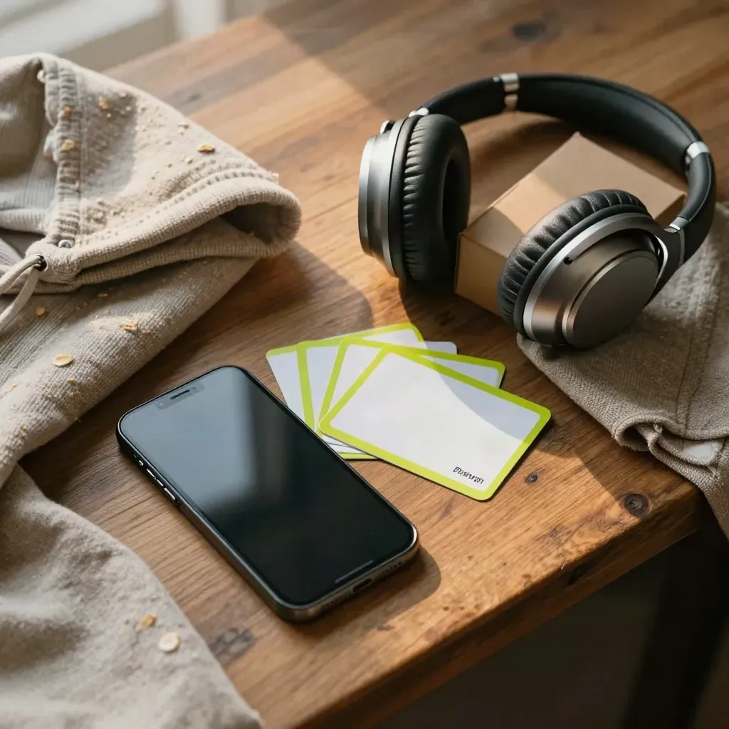 Overhead still life met hoodie, telefoon, theedoek, koptelefoon en doosje op hout.