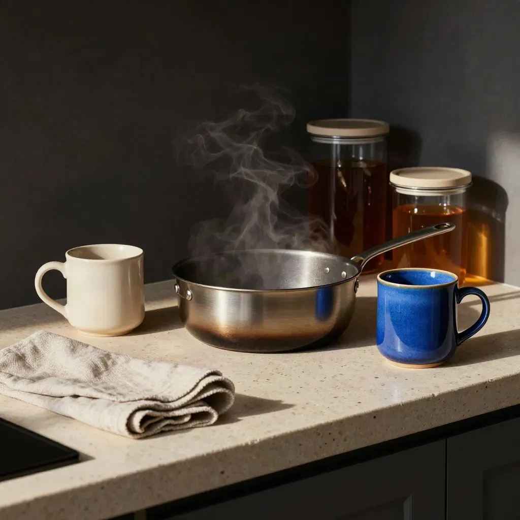 Mokken, pannetje en voorraadpotten in warme keukenhaze met opstijgende stoom.