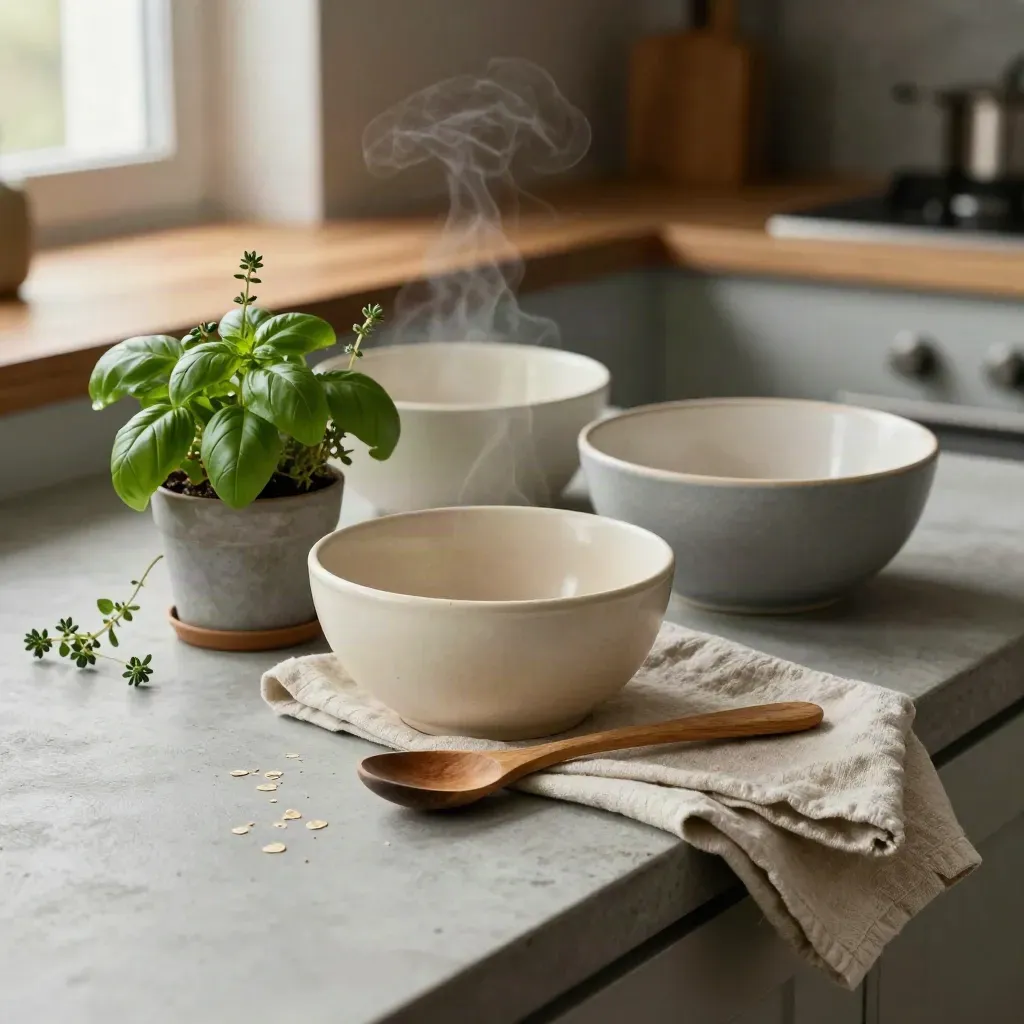 Kruidenpot, stenen kommen, houten lepel en linnen servetten in een warme keuken