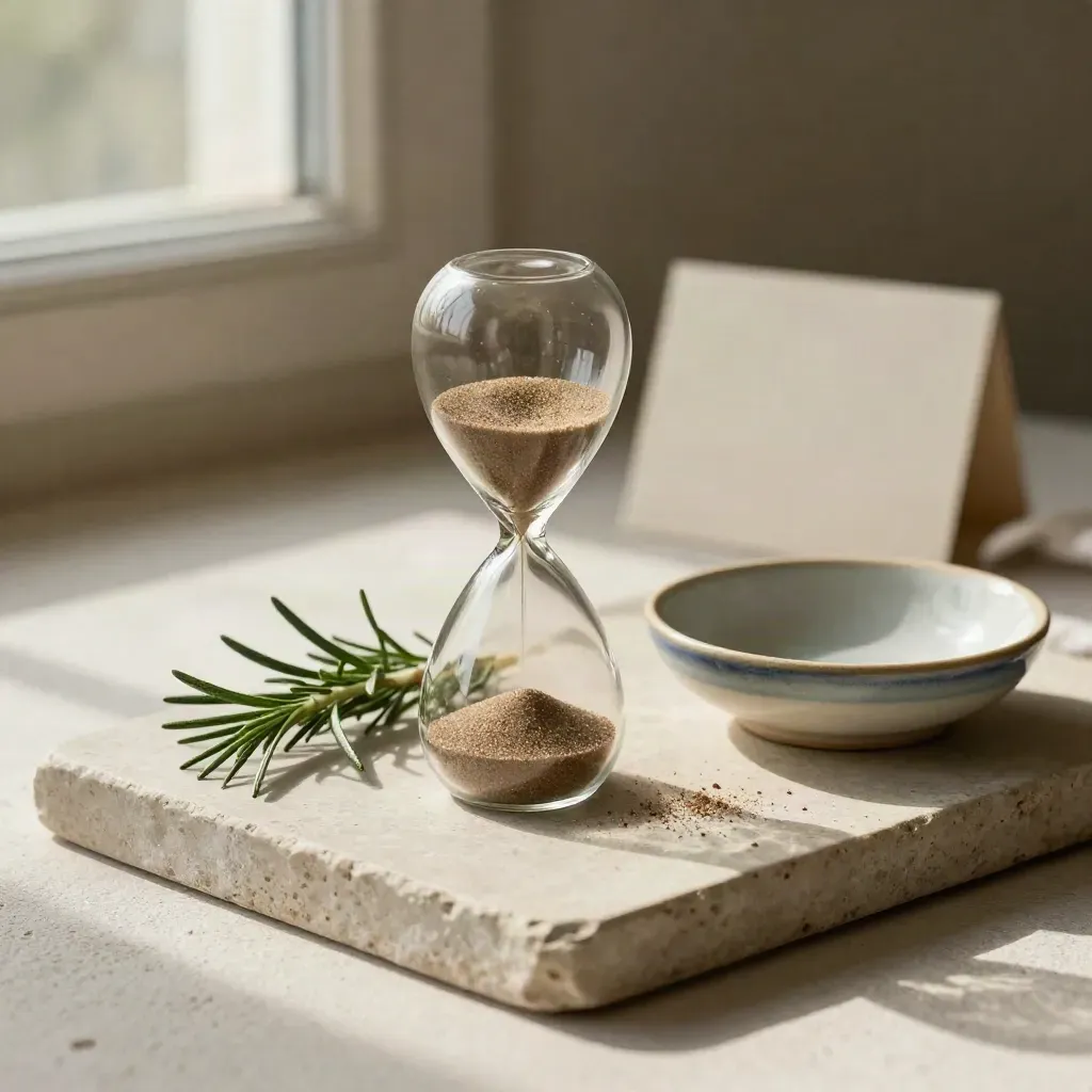 Houten zandloper met rozemarijn op stenen tray, rustig en minimalistisch