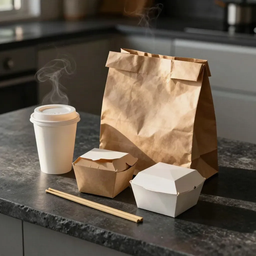 Bovenaanzicht van een bezorgmaaltijd met tas, bakjes, stokjes en beker op donker aanrecht