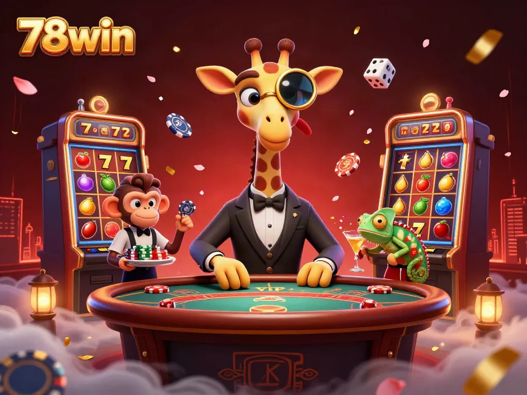 Engage in thrilling action at 78win casino, with a high-roller giraffe and vibrant game elements.