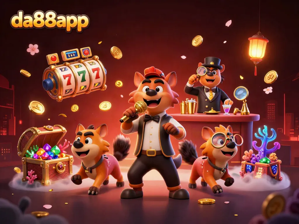 The da88app comedy casino scene features hyenas entertaining with slots and drinks.