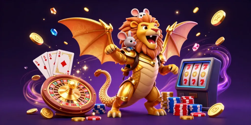 Engage with thrilling gameplay at 11betvip, featuring a winning chimera in golden armor amidst falling coins and gaming elements.