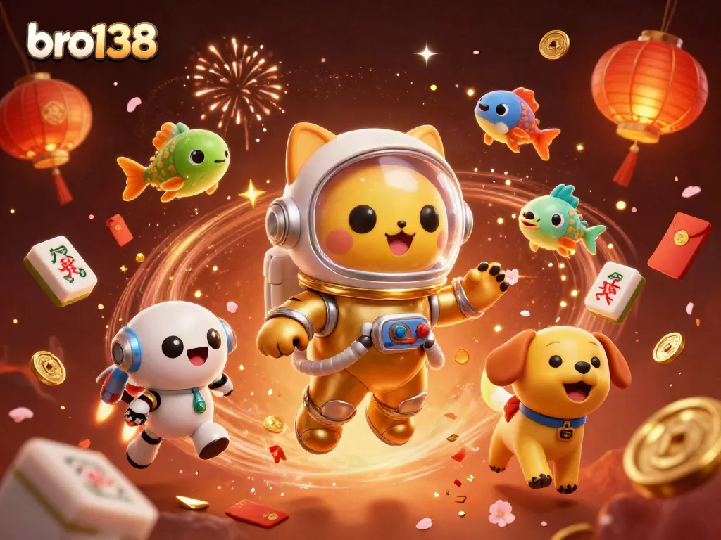 Experience gaming excitement at bro138 with dynamic cartoon characters and glowing casino elements.