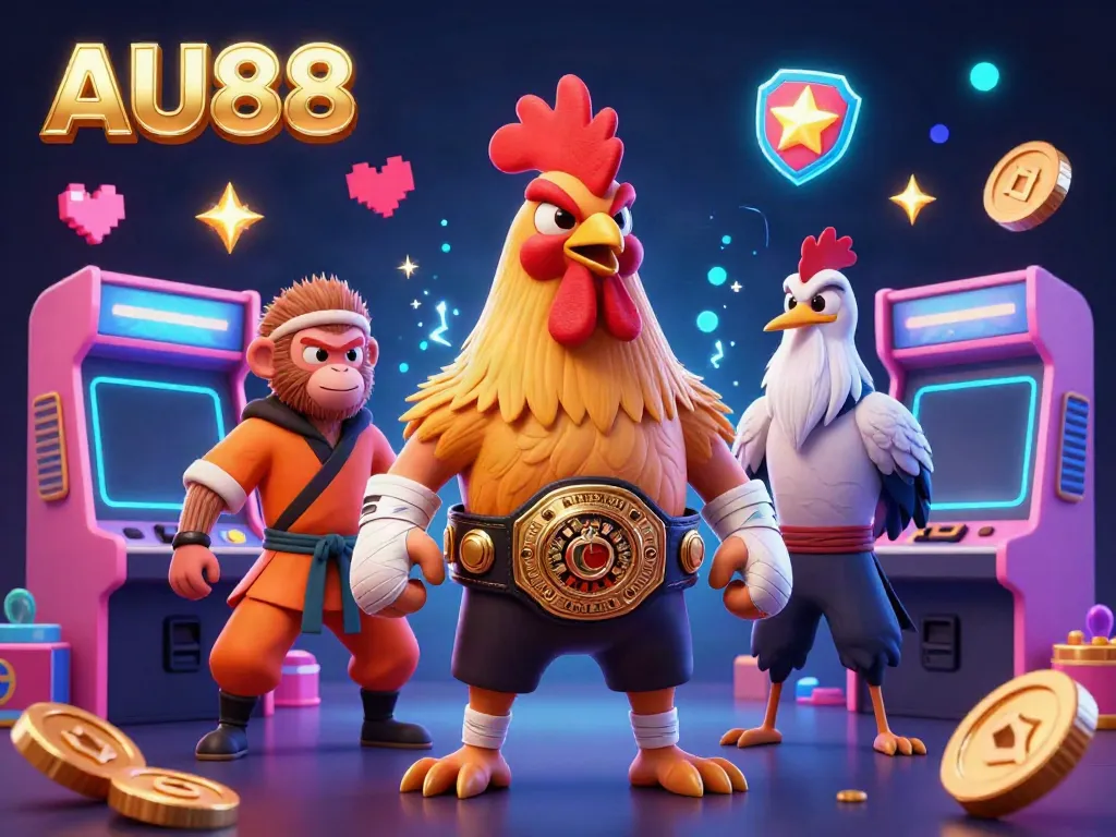 Experience the excitement of AU88 with a dynamic 3D scene featuring a Muay Thai rooster and martial artists amidst casino game elements.