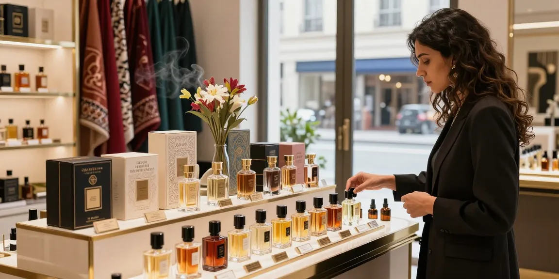 Verkenning van arabische parfums in een luxe winkelomgeving met geurige flessen en elegante decoratie.