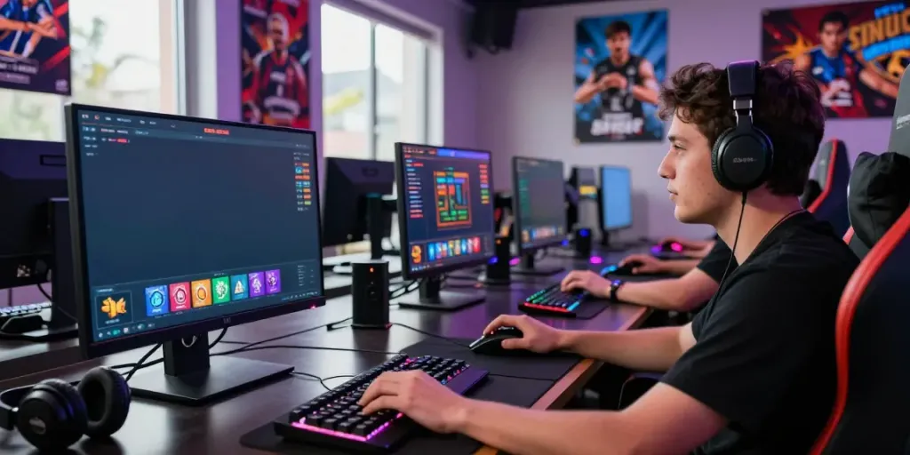 Intense online gaming setup featuring SV88 interface, colorful game icons, and vibrant atmosphere.