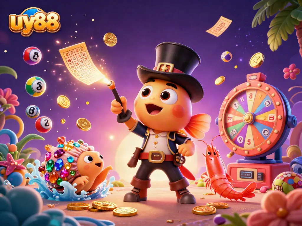Engage with uy88 in this vibrant lucky draw scene of colorful lottery elements and casino game icons.