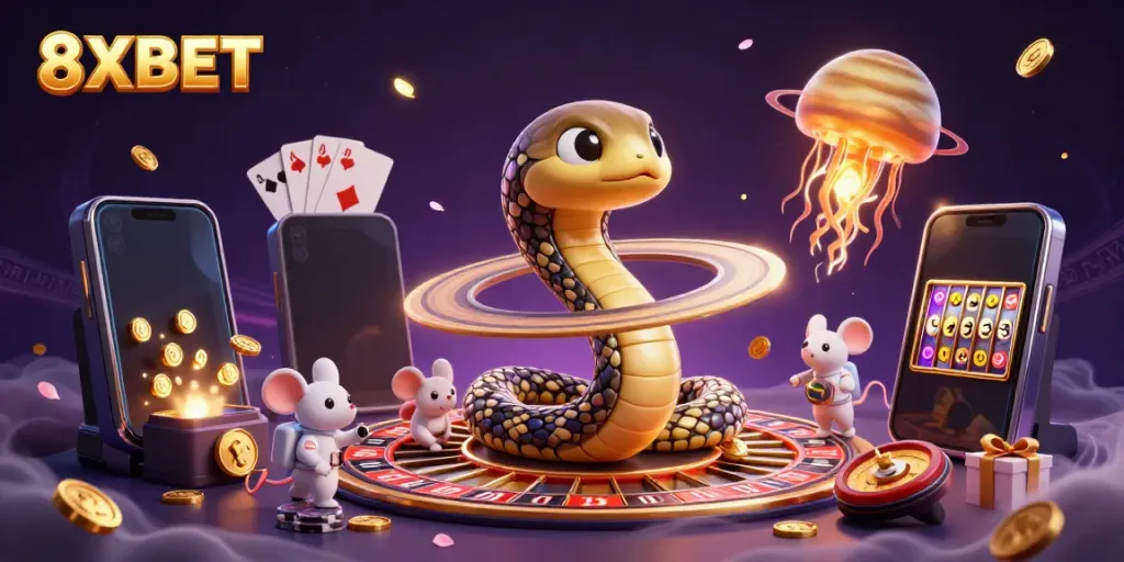 Experience exciting bets at 8XBET with celestial characters in a captivating casino setting.