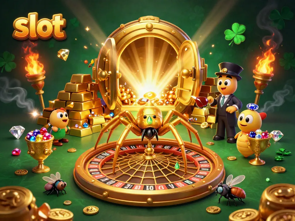 Experience thrilling slot gameplay with a golden spider and centipede croupier in a lavish casino scene.