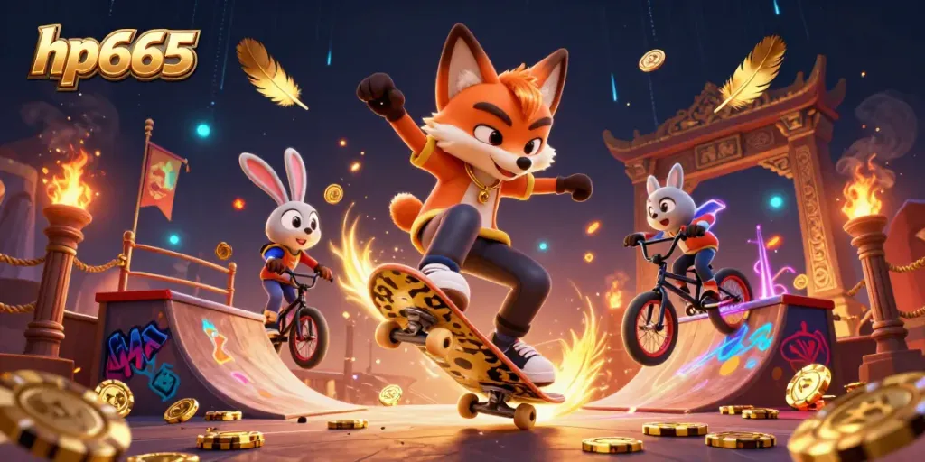 Engage with hp665's thrilling casino world featuring skateboarders and BMX tricks.