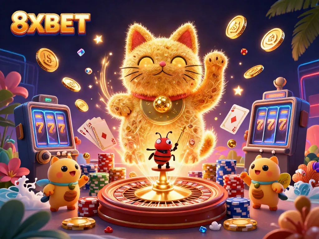 Experience exciting casino action with 8XBET featuring a lucky cat and dynamic game elements.