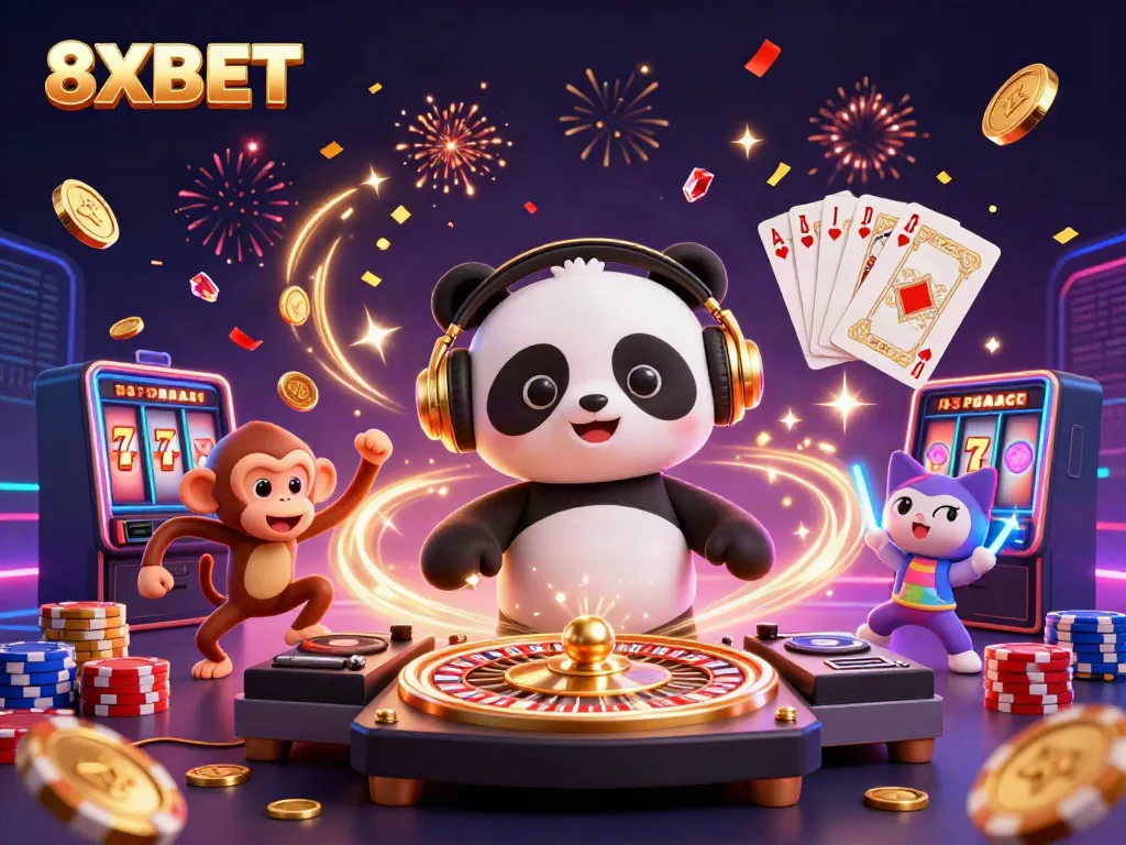 Experience thrilling gaming with 8XBET's vibrant and energetic casino imagery featuring unique characters.