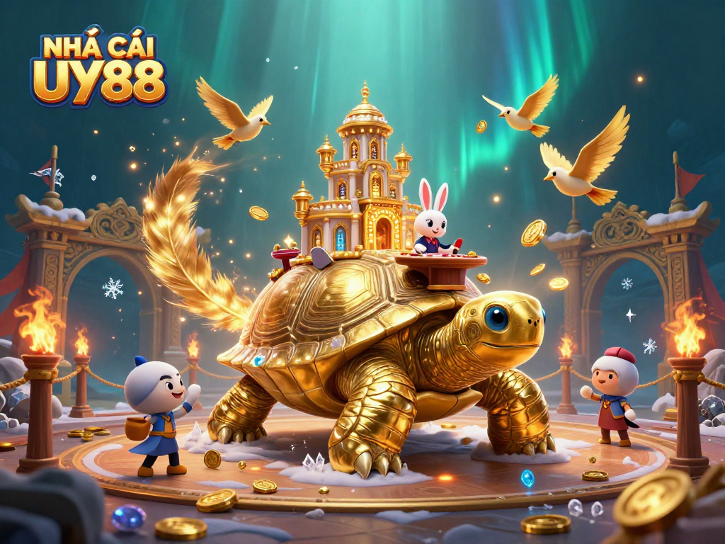 Experience gaming excitement at NHÀ CÁI UY88 with a vibrant 3D casino scene featuring a rabbit dealer.