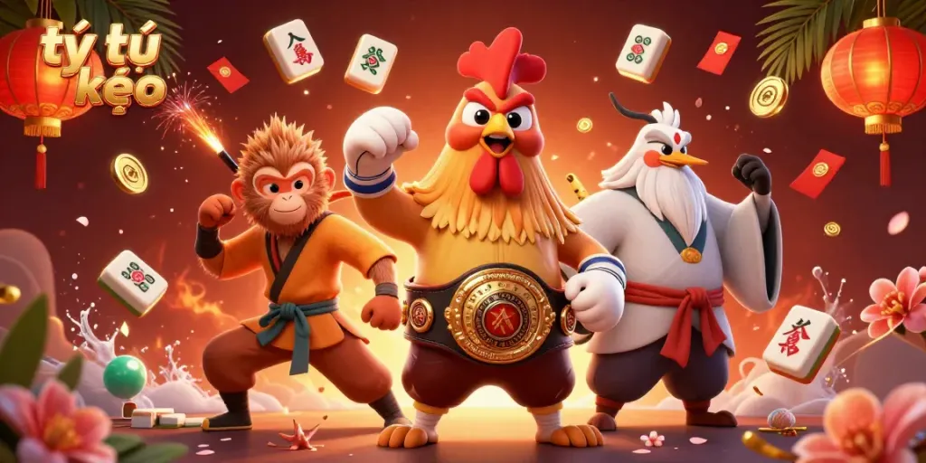 Engaging scene showcasing tỷ lệ kèo with a fierce Muay Thai rooster, Shaolin monkey, and crane master amidst celebratory elements.
