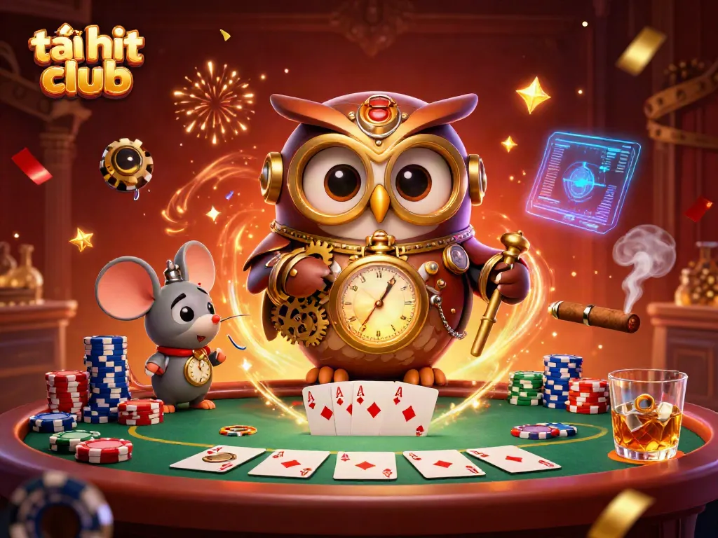 Experience the excitement of tải hit club with a vibrant 3D casino scene featuring an owl and poker elements.